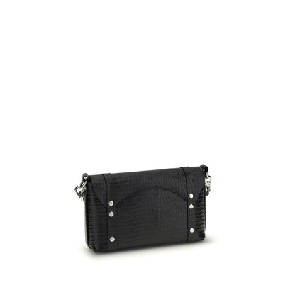 Alt Tag: Vivienne Westwood Black Calf Leather Bos Taurus Shoulder Bag with studs and removable strap, side view