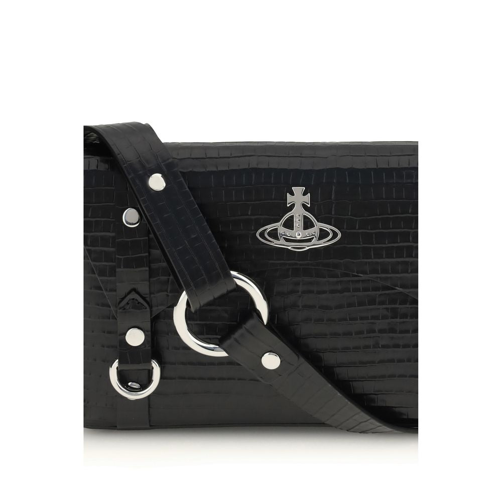 Vivienne Westwood Black Calf Leather Bos Taurus Shoulder Bag with metallic details and removable strap.