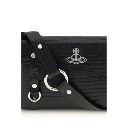 Vivienne Westwood Black Calf Leather Bos Taurus Shoulder Bag with metallic details and removable strap.