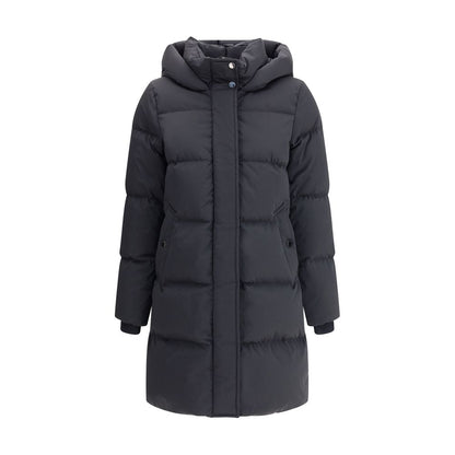 Woolrich Black Goose Down Coat - Kelly Down Jacket with hood, elastic cuffs, zip and button closure, perfect for warmth and style, AW25 season.