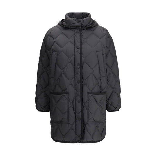 Woolrich Black Polyester Clothing - Heritage Down Jacket with hood, front snap closure, knee length, and patch pockets for cold weather.