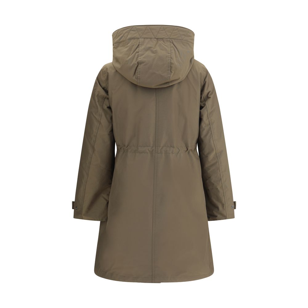 Back view of the Woolrich Green Cotton Parka featuring a hood and adjustable cuffs.