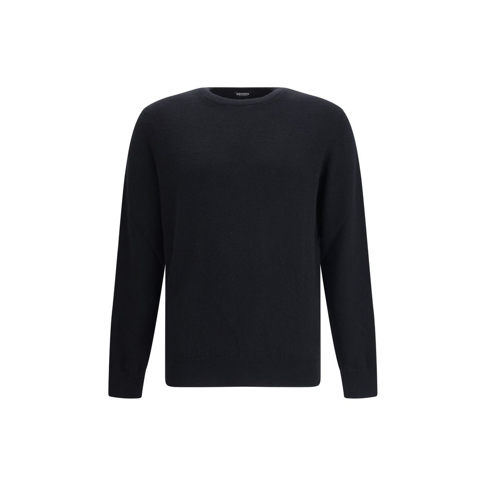 ZEGNA Black Cashmere Cashmere Sweater with ribbed crew neck, cuffs, and hem for timeless elegance and unparalleled softness.
